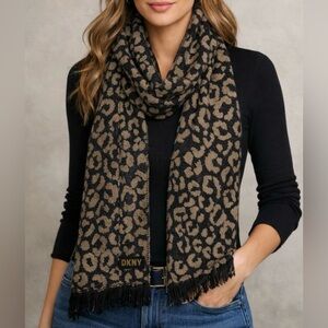 DKNY Women’s Leopard Print Scarf Brown Black Animal Print Fringe Trim Logo Patch